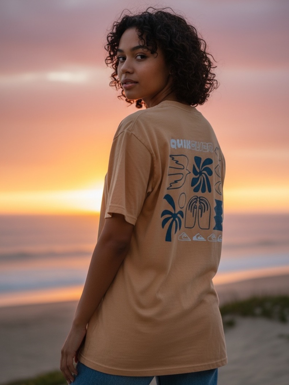 Quicksilver Graphic Tee Tan Mustard Palm Tree Logo Large